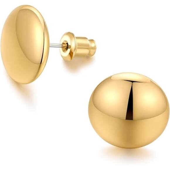 ✨ 14MM Gold Dot Stud Earrings | Minimalist Flat Round Button Earrings - Picture 2 of 2